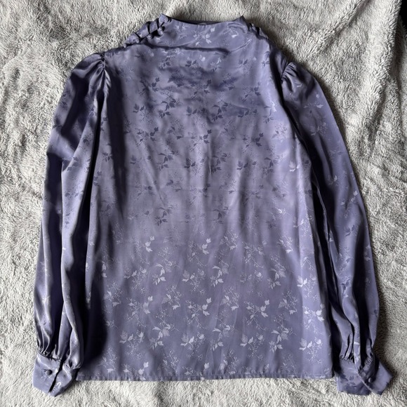 Vintage Alexandria Purple Satin Floral Jacquard Mock Neck Puff Sleeve Blouse 10 - Picture 4 of 8